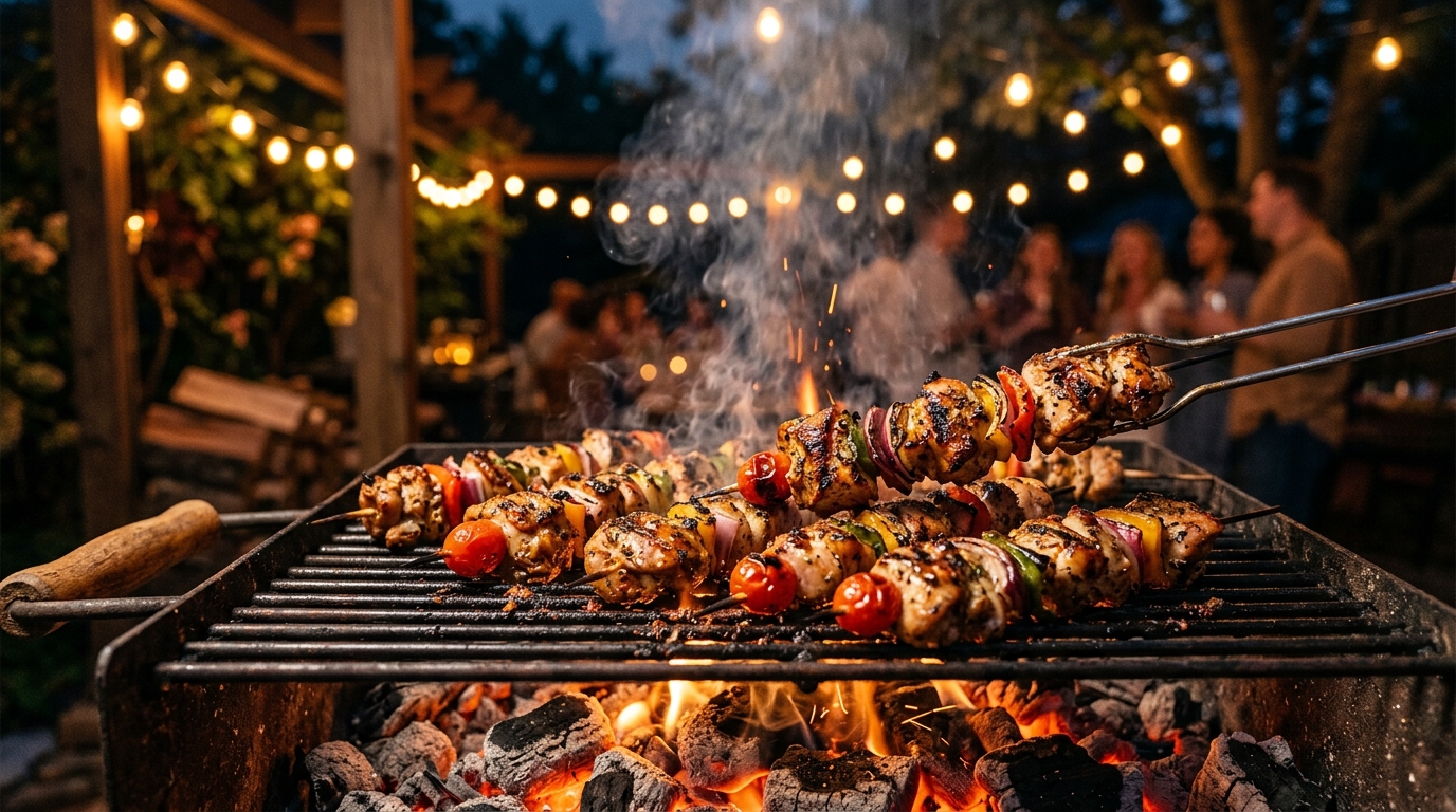 Fresh smoky chicken barbecue on outdoor charcoal grill