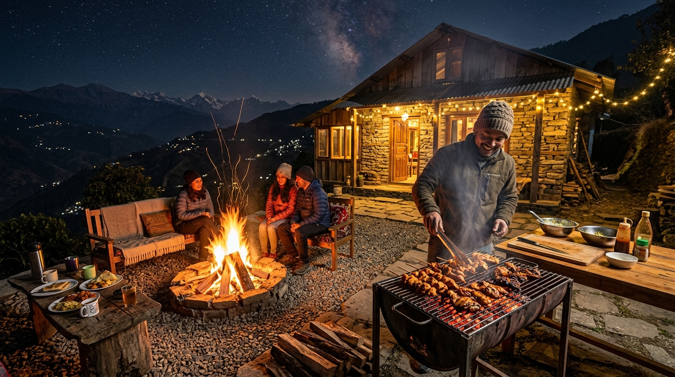Bonfire and barbecue combination setup under starry skies
