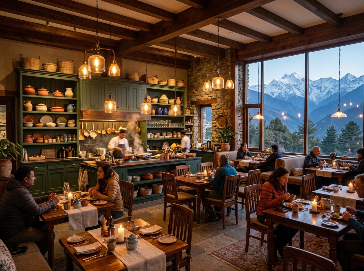 Ground floor dining hall and modern kitchen setup at Cloud View Retreat
