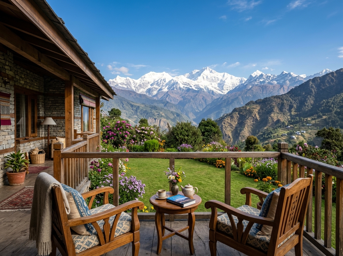 Second floor open terrace and lawn overlooking Kanchenjunga mountain ranges in Dawaipani